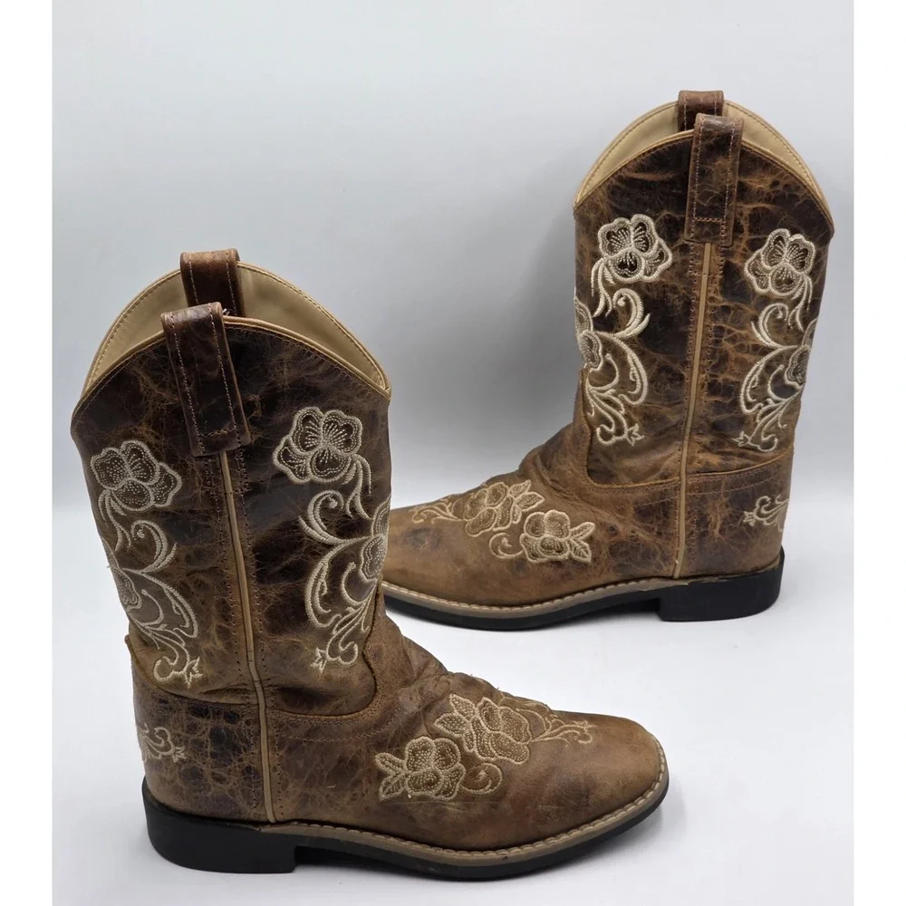 Shyanne Girls Brown Distressed Leather Floral Embroidered Cowboy Boots Size 3 D